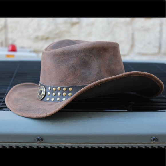 Men Brown Genuine Leather Western Cowboy Hat - Picture 2 of 5